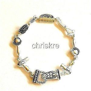 Hair Stylist Charm Bracelet Scissors Comb Brush Graduation Gift Silver Plated